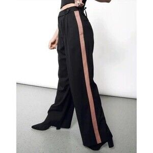 Wildfang Trousers The Empower Wide Leg Black Rose Brown Tuxedo Stripe Pant 14